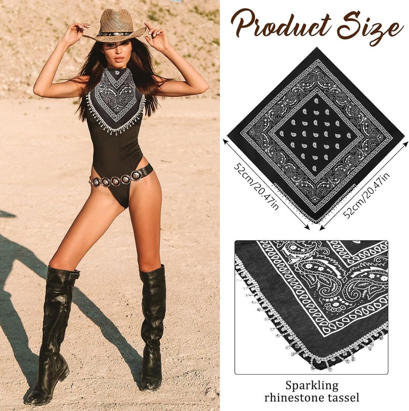 Vabean 2 Pcs Disco Rhinestone Fringed Bandana Paisley Bandanas Cowgirl Bachelorette Rhinestones Tassel Kerchief - Image 3